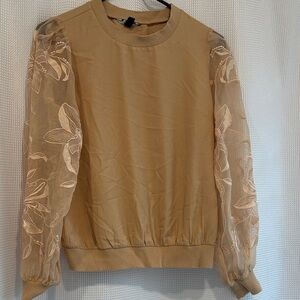 Express Tan Blouse with Sheer Floral Sleeves